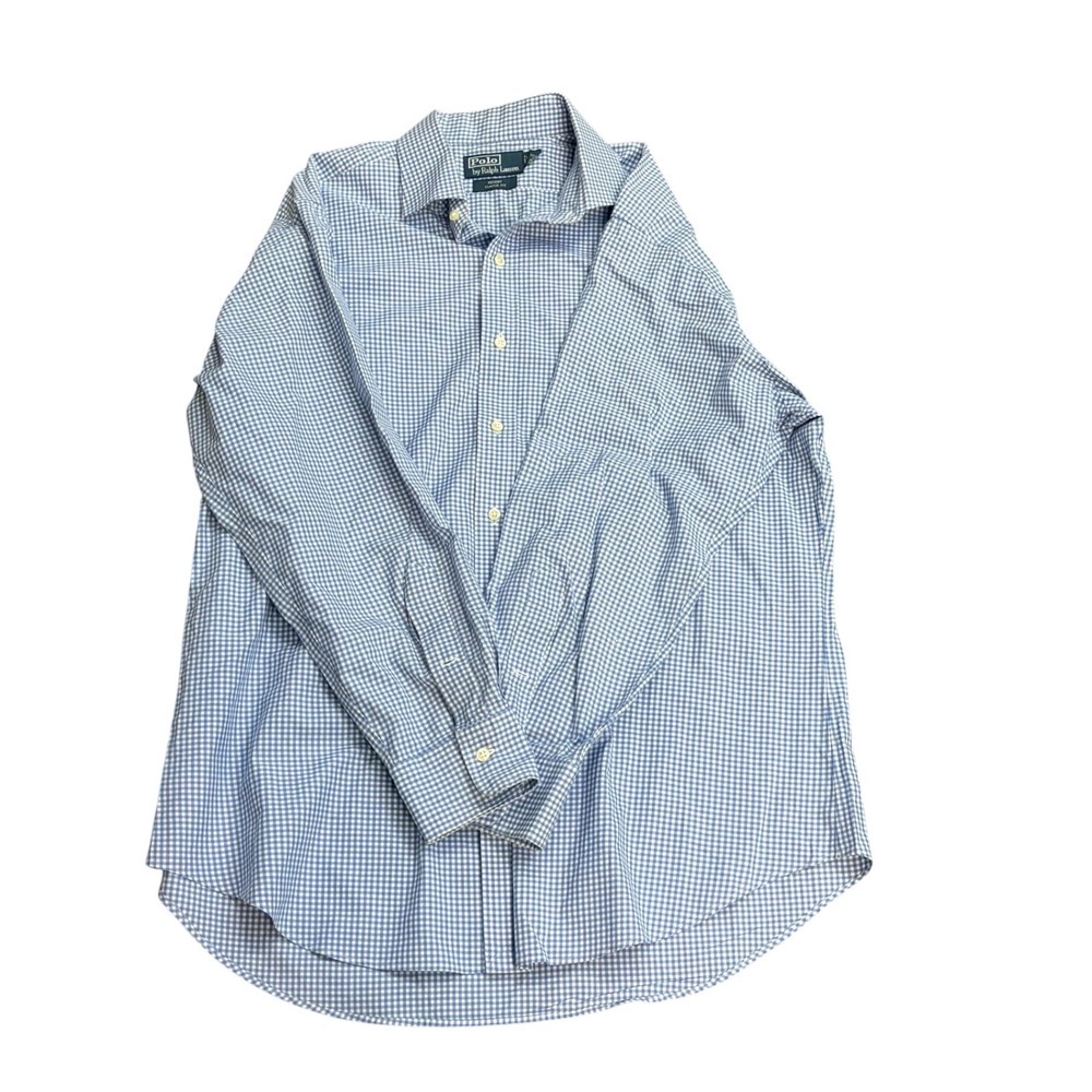 Polo Ralph Lauren Gingham Button Front Shirt Regent Blue White 16.5 L